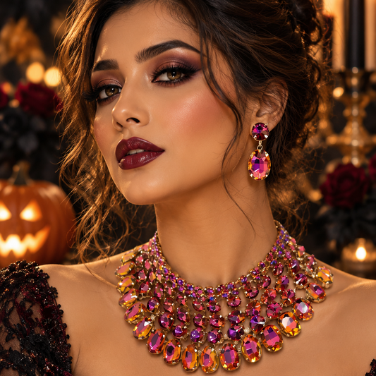 Hot Pink Crystal Necklace Set With Matching Earrings For Bridal Glamour And Evening Wear - Jewelry Sets from Glam Duchess