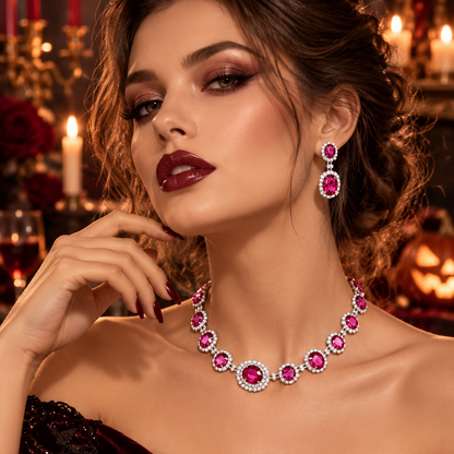 Fuchsia Rhinestone Necklace Set With Oval Crystal Drops For Women Elegant Evening Jewelry - Jewelry Sets from Glam Duchess