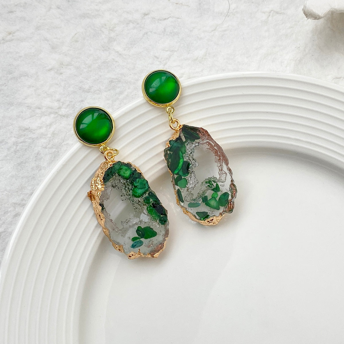 Green Geometric Resin Drop Earrings