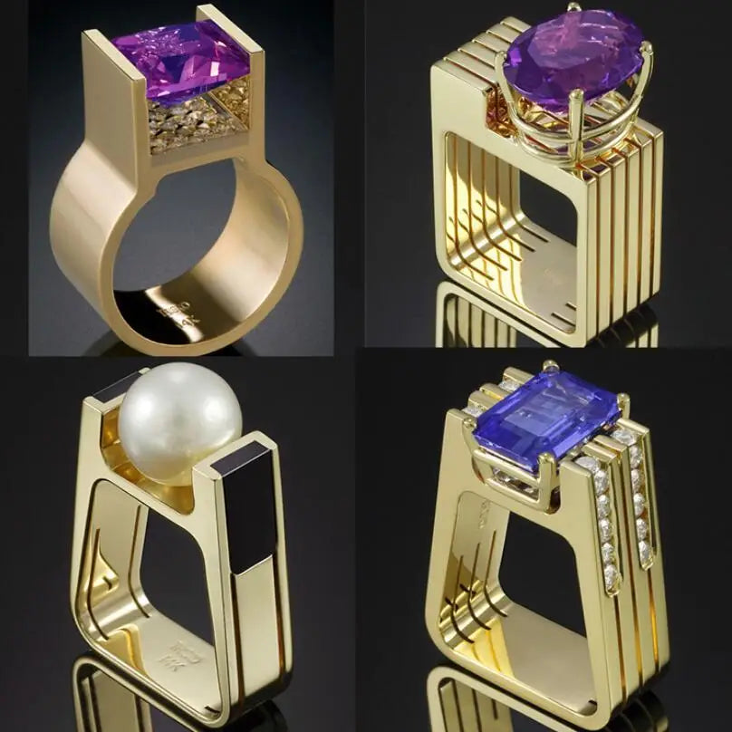 Modern Geometric Gold Color Irregular Ring with Cubic Zirconia
