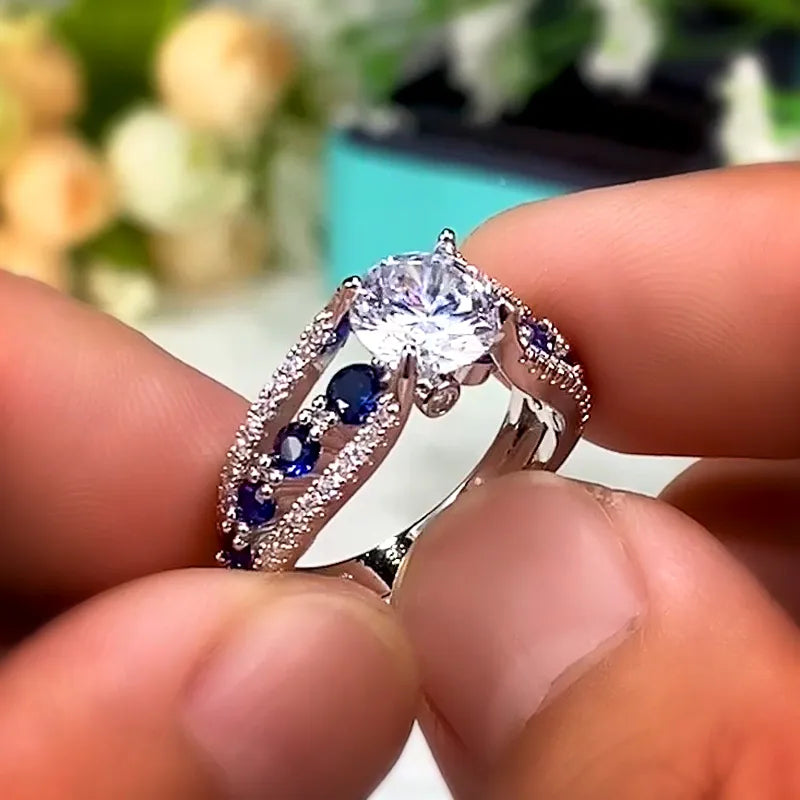 Blue and White CZ Geometric Wedding Ring