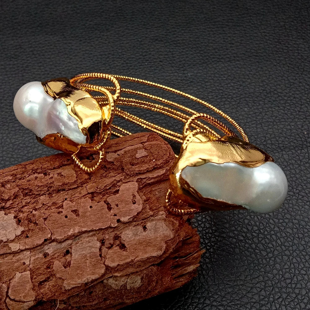 Cultured White Keshi Pearl Bangle  Gold color Plated Bracelet