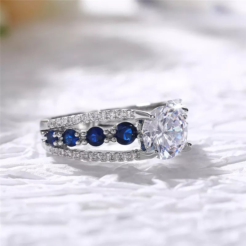 Blue and White CZ Geometric Wedding Ring