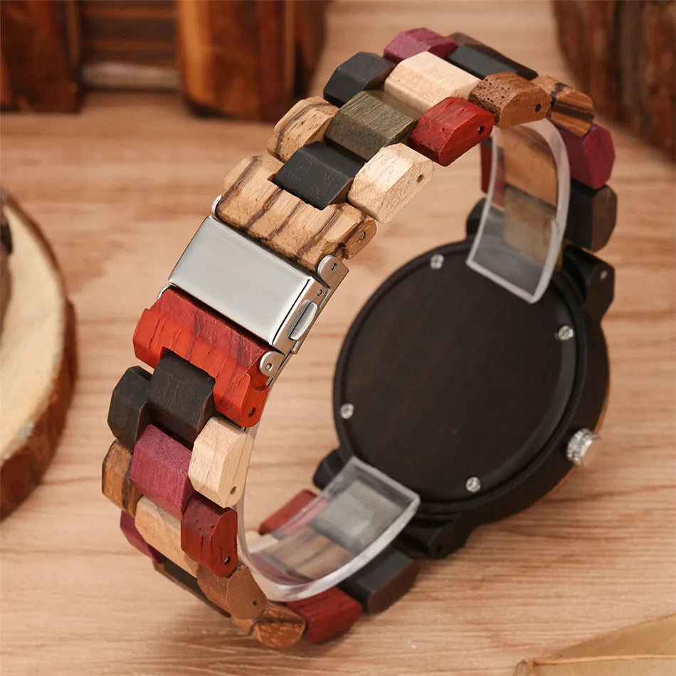 Blue Lava Dial Women's Wooden Bracelet Watch with Mixed Color Band - Fashion Quartz Wristwatch