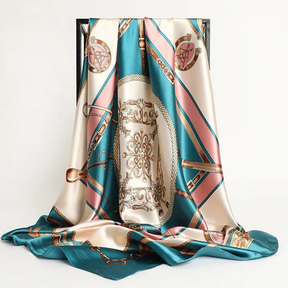 Handkerchiefs Hair Silk Scarf 90*90cm Print Satin Big Square Silk Scarves Shawls for Women Luxury Brand Designer Hijab Headband - Glam Duchess