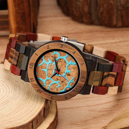 Blue Lava Dial Women's Wooden Bracelet Watch with Mixed Color Band - Fashion Quartz Wristwatch