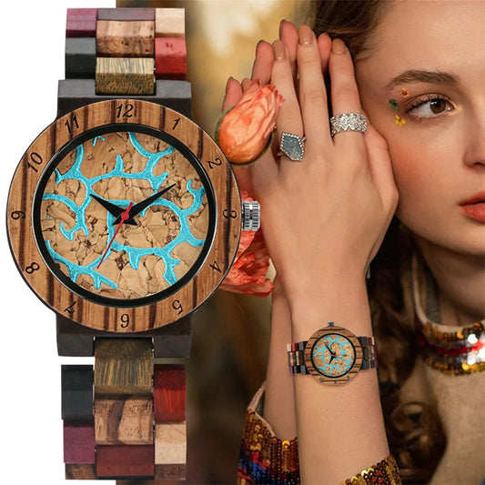 Blue Lava Dial Women's Wooden Bracelet Watch with Mixed Color Band - Fashion Quartz Wristwatch