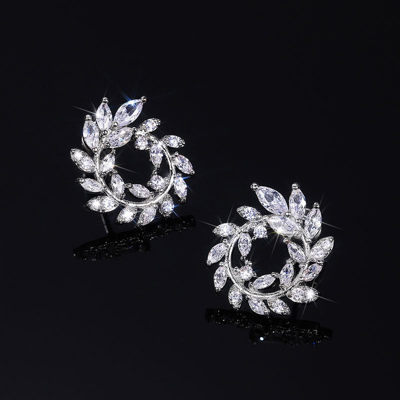 Olive Leaf Design Cubic Zirconia Stud Earrings