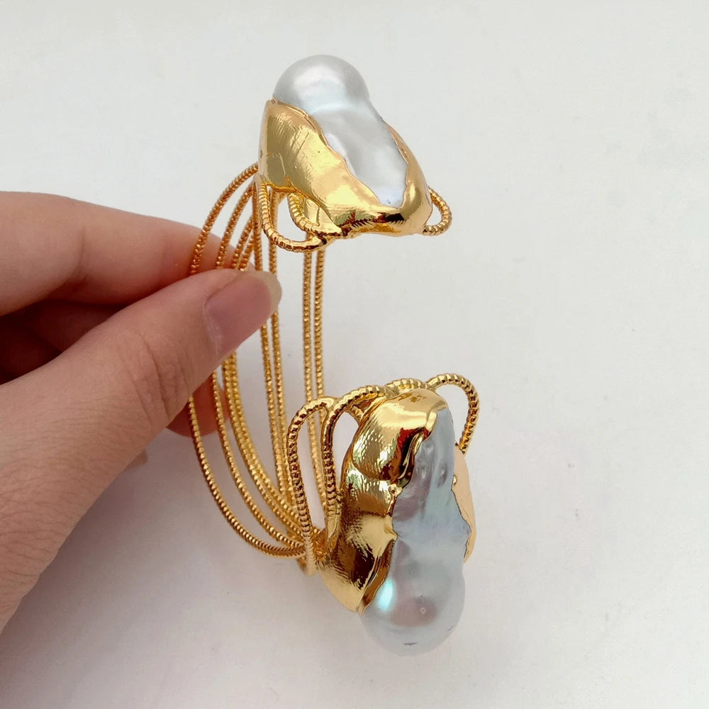 Cultured White Keshi Pearl Bangle  Gold color Plated Bracelet