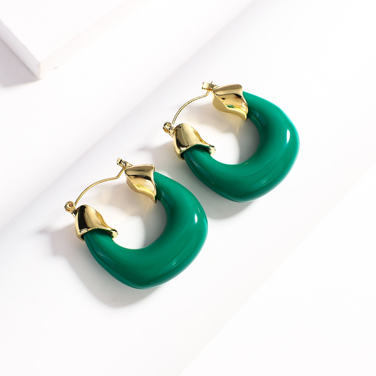 Green Acrylic Geometric Dangle Earrings with Round and Square Shapes