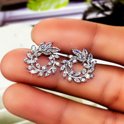 Olive Leaf Design Cubic Zirconia Stud Earrings