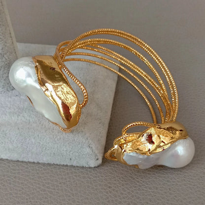 Cultured White Keshi Pearl Bangle  Gold color Plated Bracelet