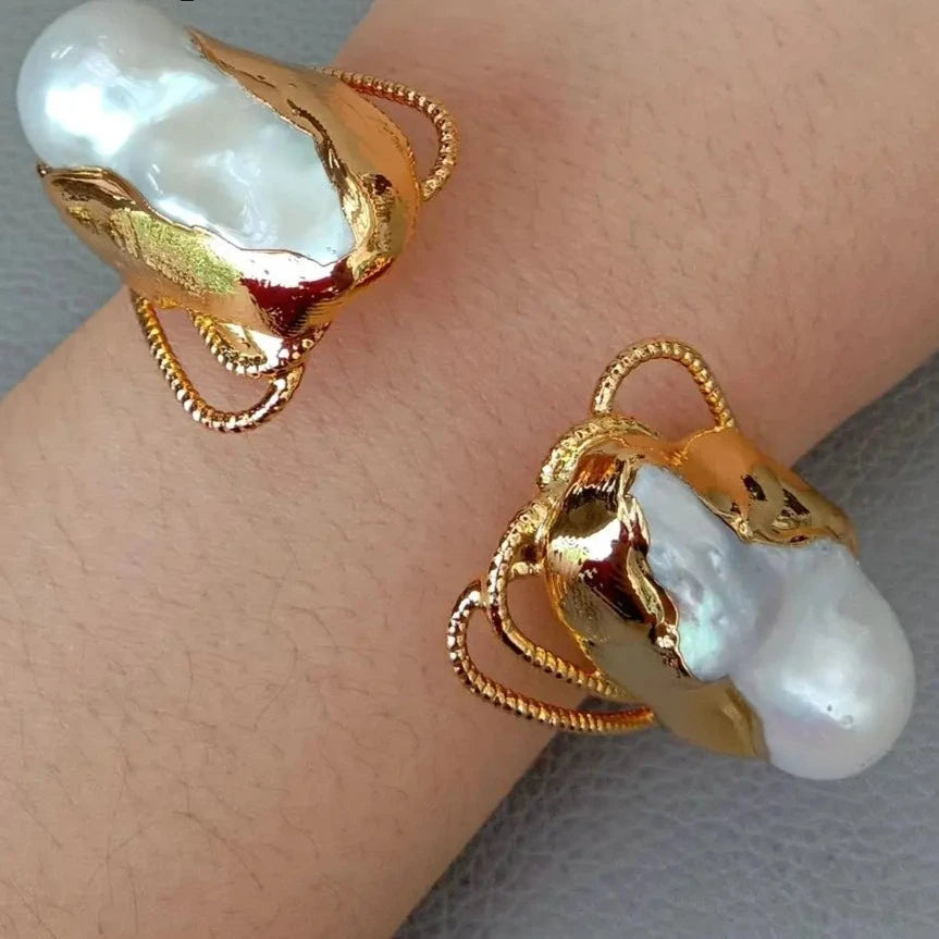 Cultured White Keshi Pearl Bangle  Gold color Plated Bracelet