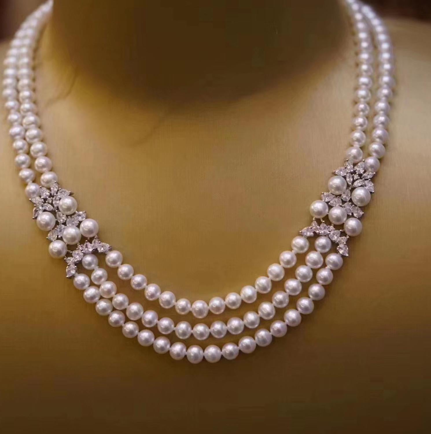 Exquisite Glass Pearl Layered Necklace with AAA Cubic Zirconia