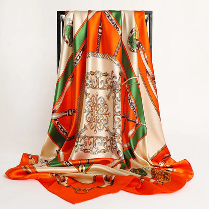 Handkerchiefs Hair Silk Scarf 90*90cm Print Satin Big Square Silk Scarves Shawls for Women Luxury Brand Designer Hijab Headband - Glam Duchess