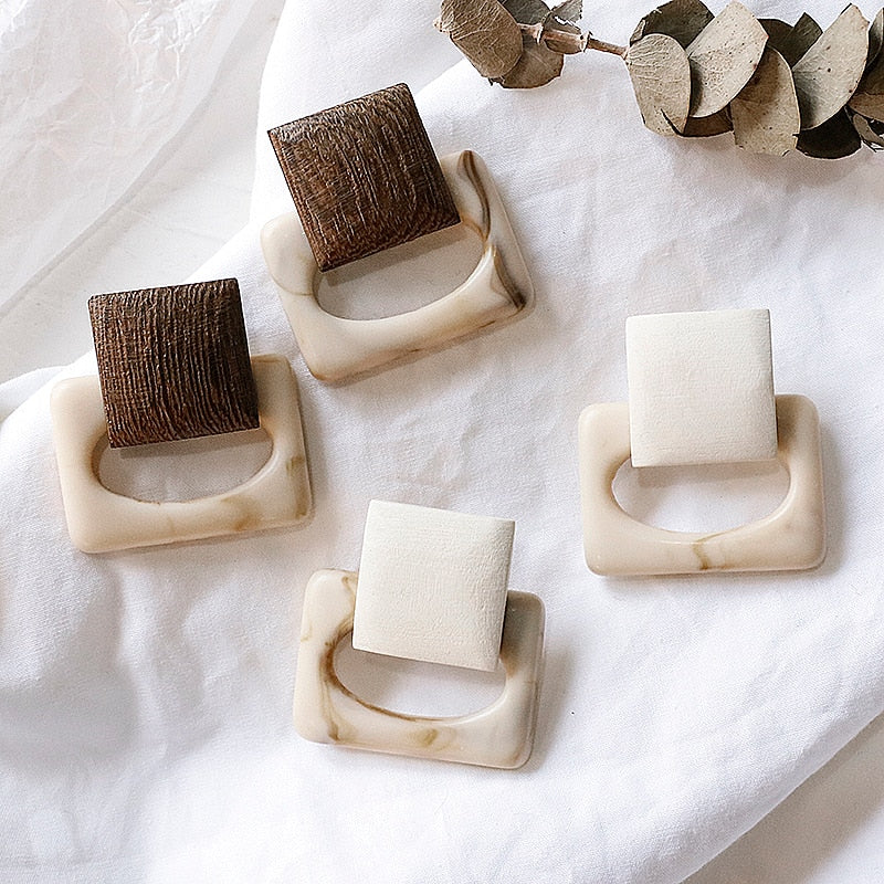 Vintage-Inspired Geometric Square Earrings with Wooden Accent