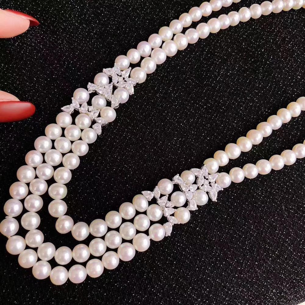 Exquisite Glass Pearl Layered Necklace with AAA Cubic Zirconia