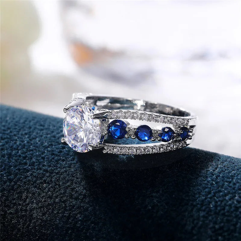 Blue and White CZ Geometric Wedding Ring