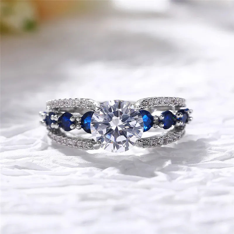 Blue and White CZ Geometric Wedding Ring