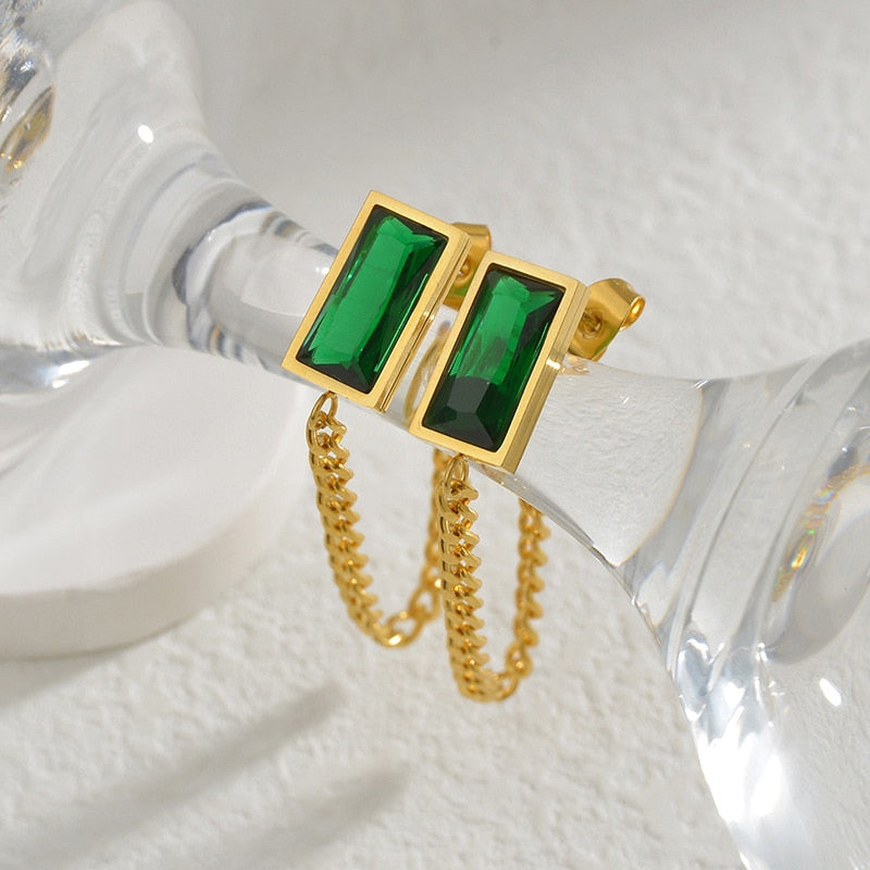 Green Acrylic Geometric Dangle Earrings with Round and Square Shapes