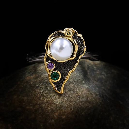 Luxurious Vintage Freshwater Pearl and Crystal Black Gold Ring