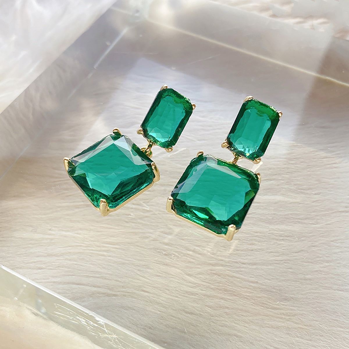 Green Acrylic Geometric Dangle Earrings with Round and Square Shapes