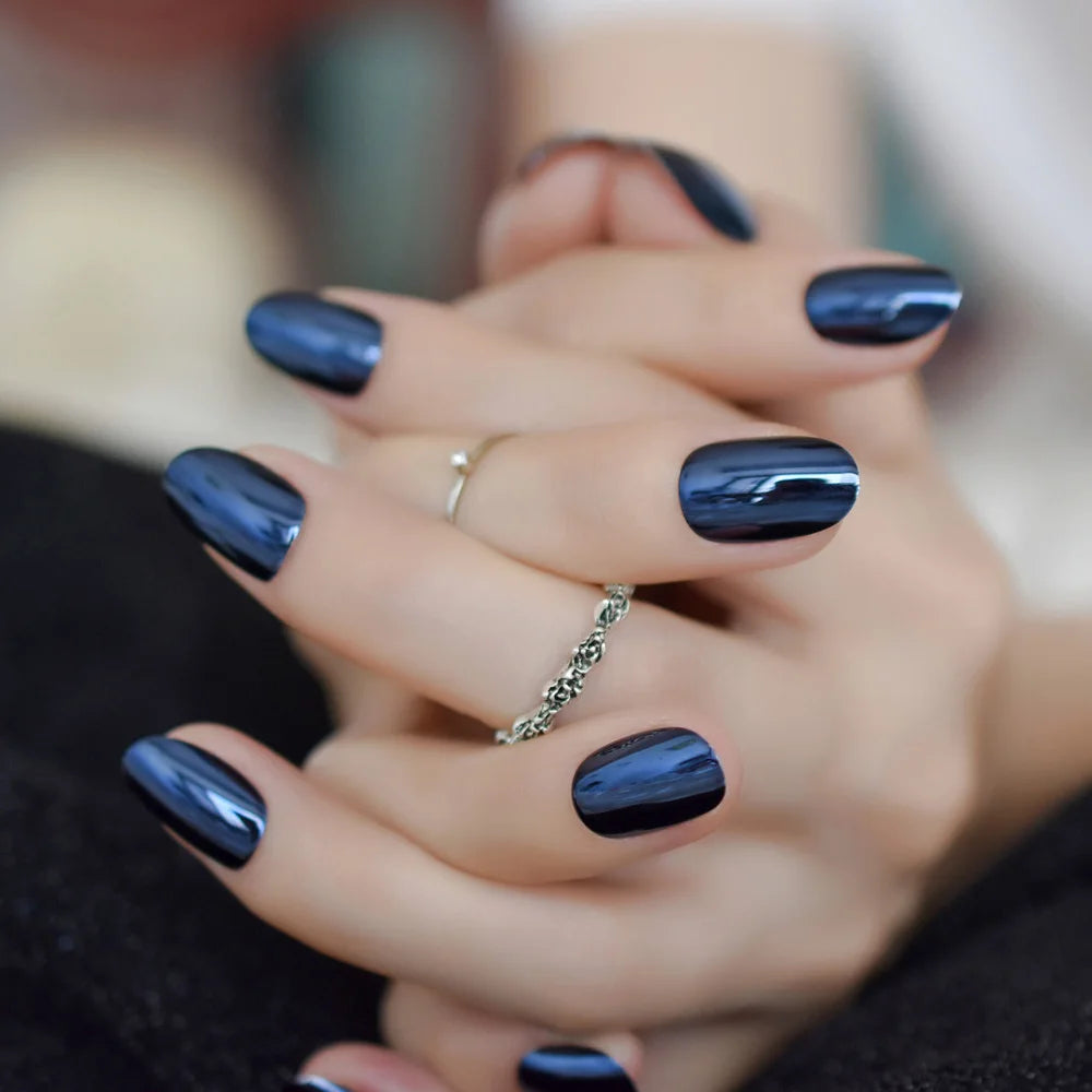 Blue Mirror Oval Metallic Acrylic Nails