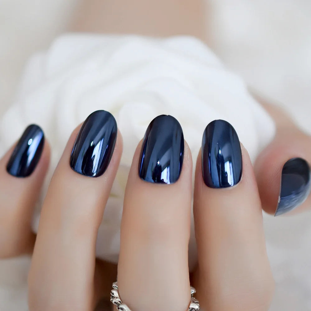 Blue Mirror Oval Metallic Acrylic Nails