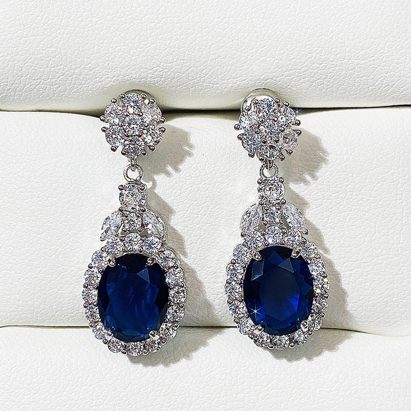 Exquisite Flower Design Blue/White Cubic Zirconia Drop Earrings