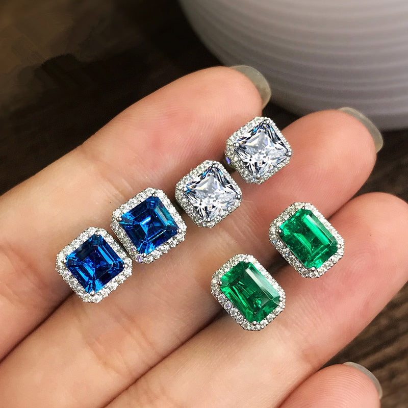 Vibrant Green and Blue Geometric Cubic Zirconia Stud Earrings
