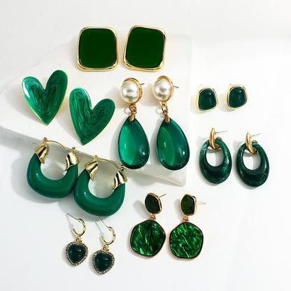 Green Acrylic Geometric Dangle Earrings with Round and Square Shapes