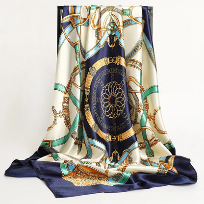Handkerchiefs Hair Silk Scarf 90*90cm Print Satin Big Square Silk Scarves Shawls for Women Luxury Brand Designer Hijab Headband - Glam Duchess