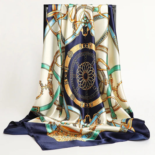 Handkerchiefs Hair Silk Scarf 90*90cm Print Satin Big Square Silk Scarves Shawls for Women Luxury Brand Designer Hijab Headband - Glam Duchess