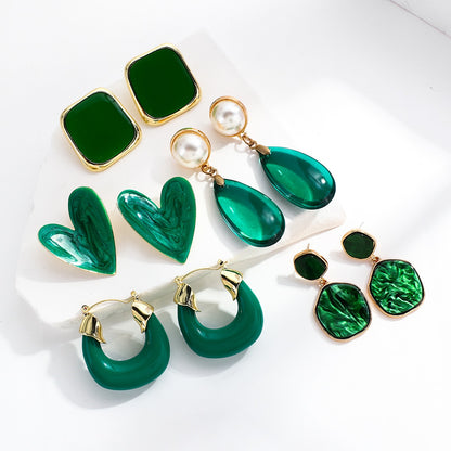 Green Acrylic Geometric Dangle Earrings with Round and Square Shapes