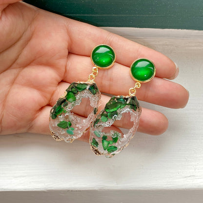 Green Geometric Resin Drop Earrings