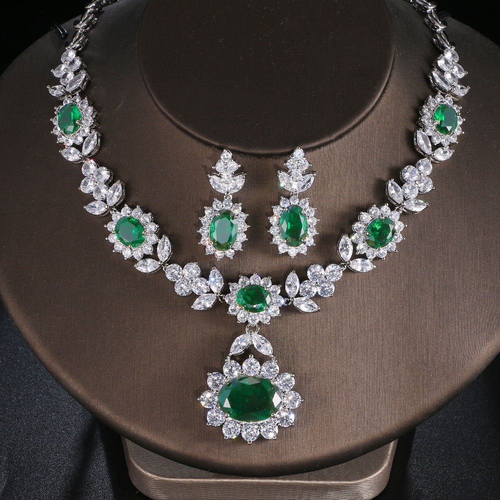 Exquisite Emerald Green Cubic Zirconia Necklace and Earrings Set
 
 Make a stunning statement with this exquisite jewelry set, featuring a captivating emerald green cubic zircon necklace and earrings. Whether you're attending a wGlam DuchessGlam DuchessExquisite Emerald Green Cubic Zirconia Necklace