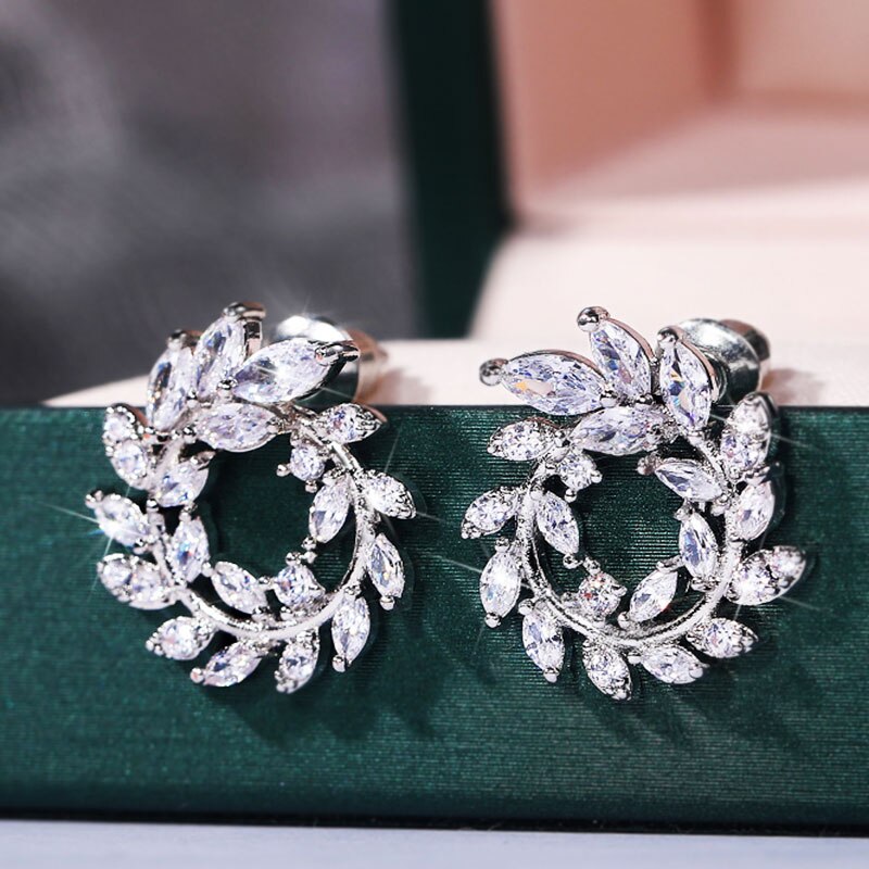 Olive Leaf Design Cubic Zirconia Stud Earrings