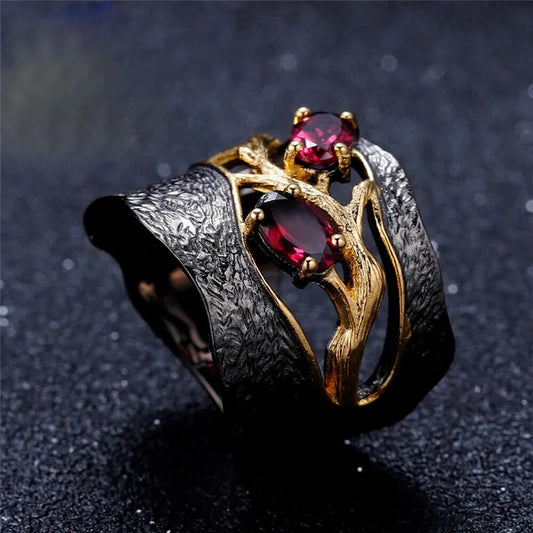 Unique Vintage Branch Shape Garnet Ring