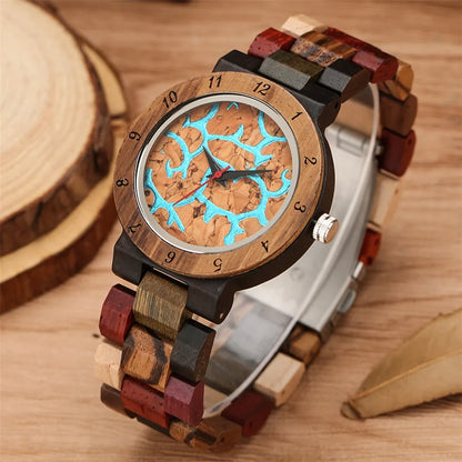 Blue Lava Dial Women's Wooden Bracelet Watch with Mixed Color Band - Fashion Quartz Wristwatch