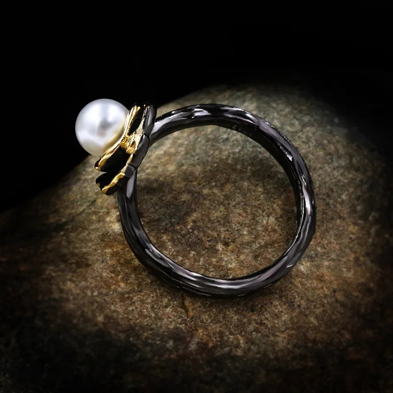 Luxurious Vintage Freshwater Pearl and Crystal Black Gold Ring