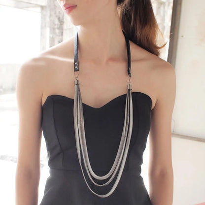 Elegant Minimalist Long Geometric Leather Chain Necklace