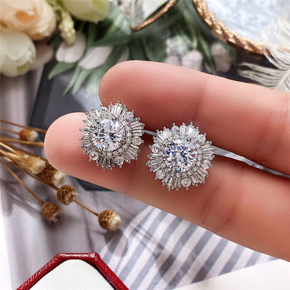 Floral Geometric Cubic Zirconia Stud Earrings