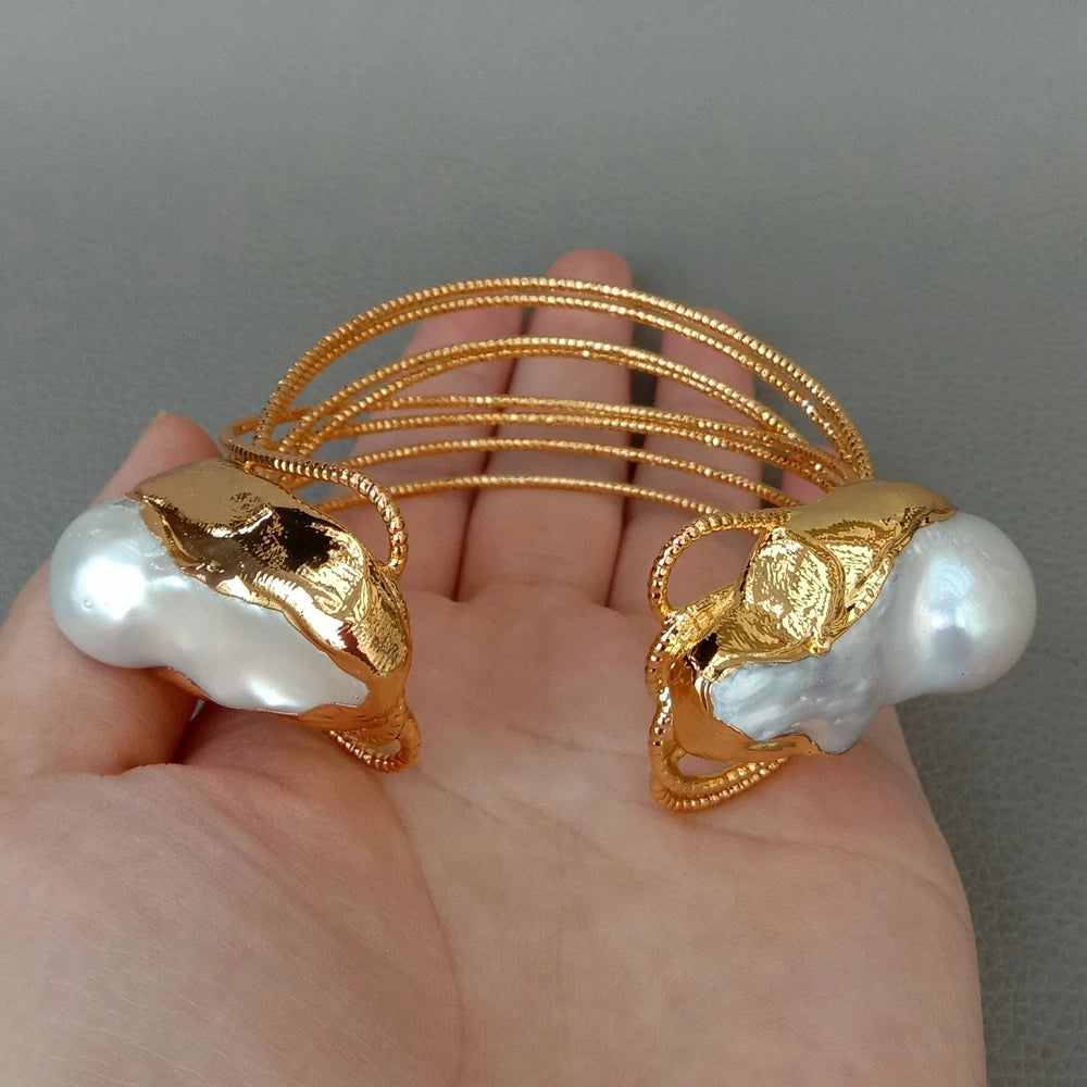 Cultured White Keshi Pearl Bangle  Gold color Plated Bracelet