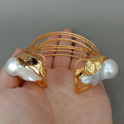 Cultured White Keshi Pearl Bangle  Gold color Plated Bracelet