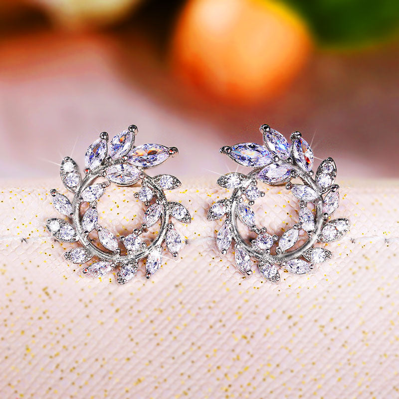 Olive Leaf Design Cubic Zirconia Stud Earrings