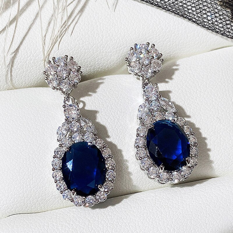 Exquisite Flower Design Blue/White Cubic Zirconia Drop Earrings