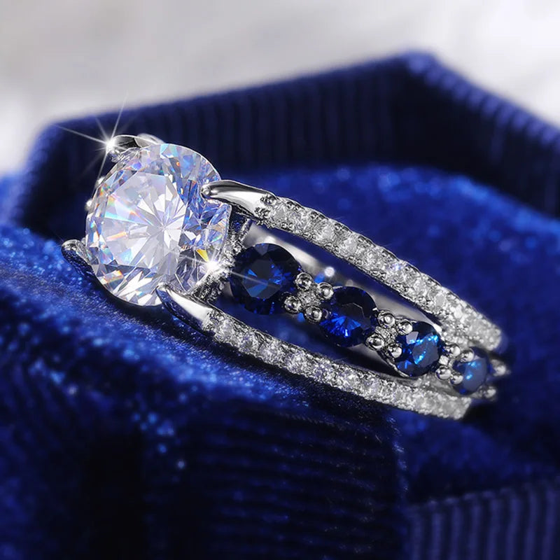 Blue and White CZ Geometric Wedding Ring