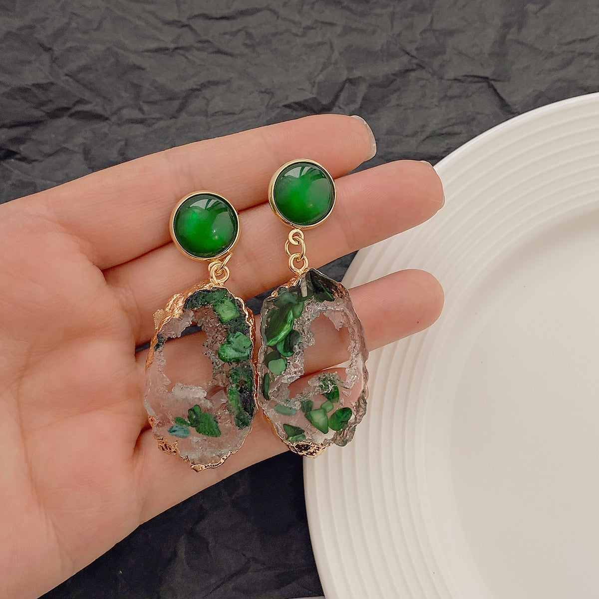 Green Geometric Resin Drop Earrings