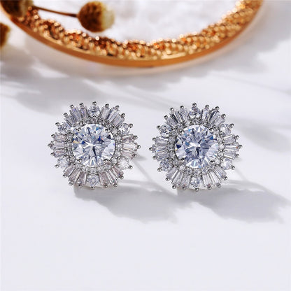 Floral Geometric Cubic Zirconia Stud Earrings