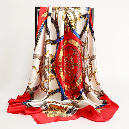 Handkerchiefs Hair Silk Scarf 90*90cm Print Satin Big Square Silk Scarves Shawls for Women Luxury Brand Designer Hijab Headband - Glam Duchess